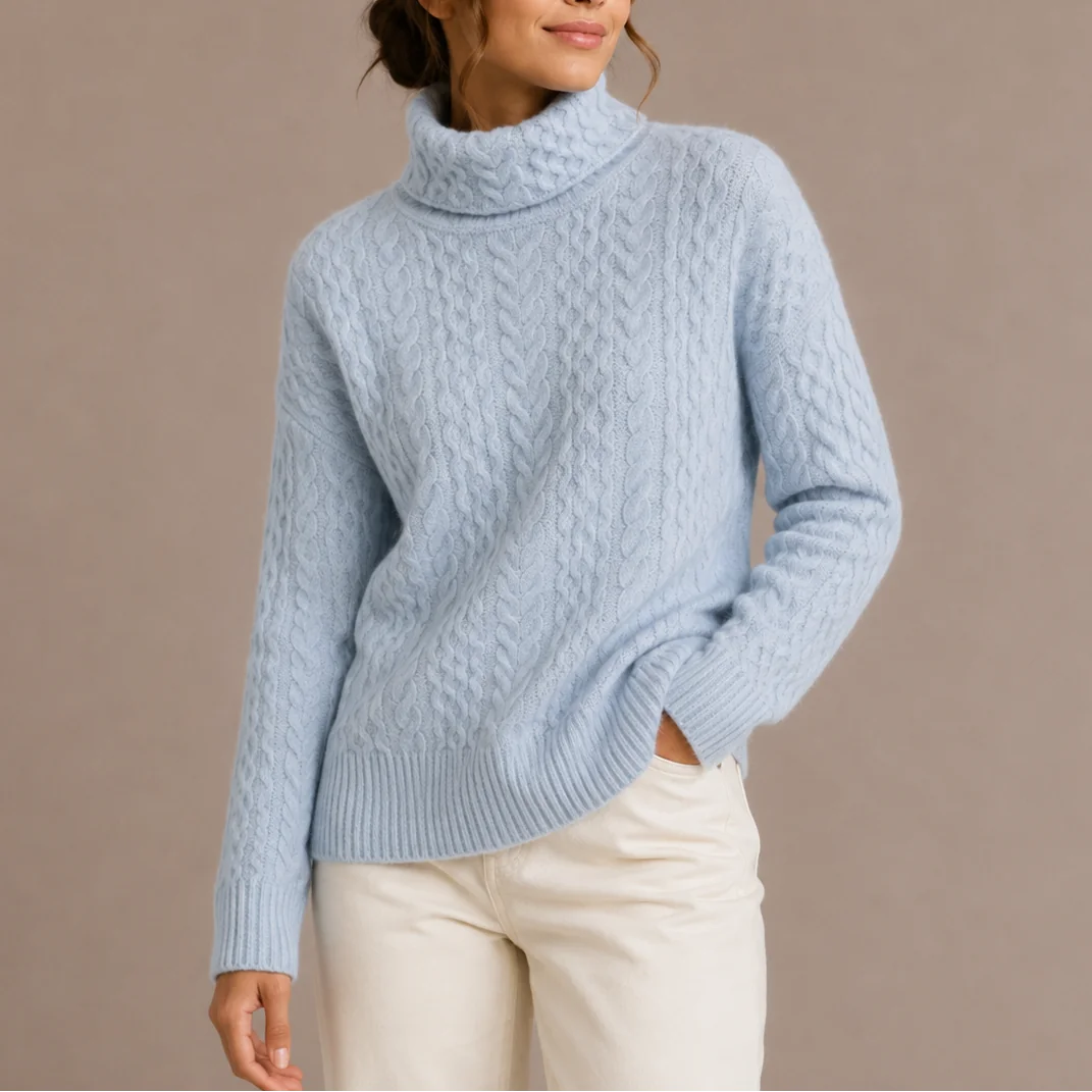 Cable Knit Turtleneck Sweater – Blue