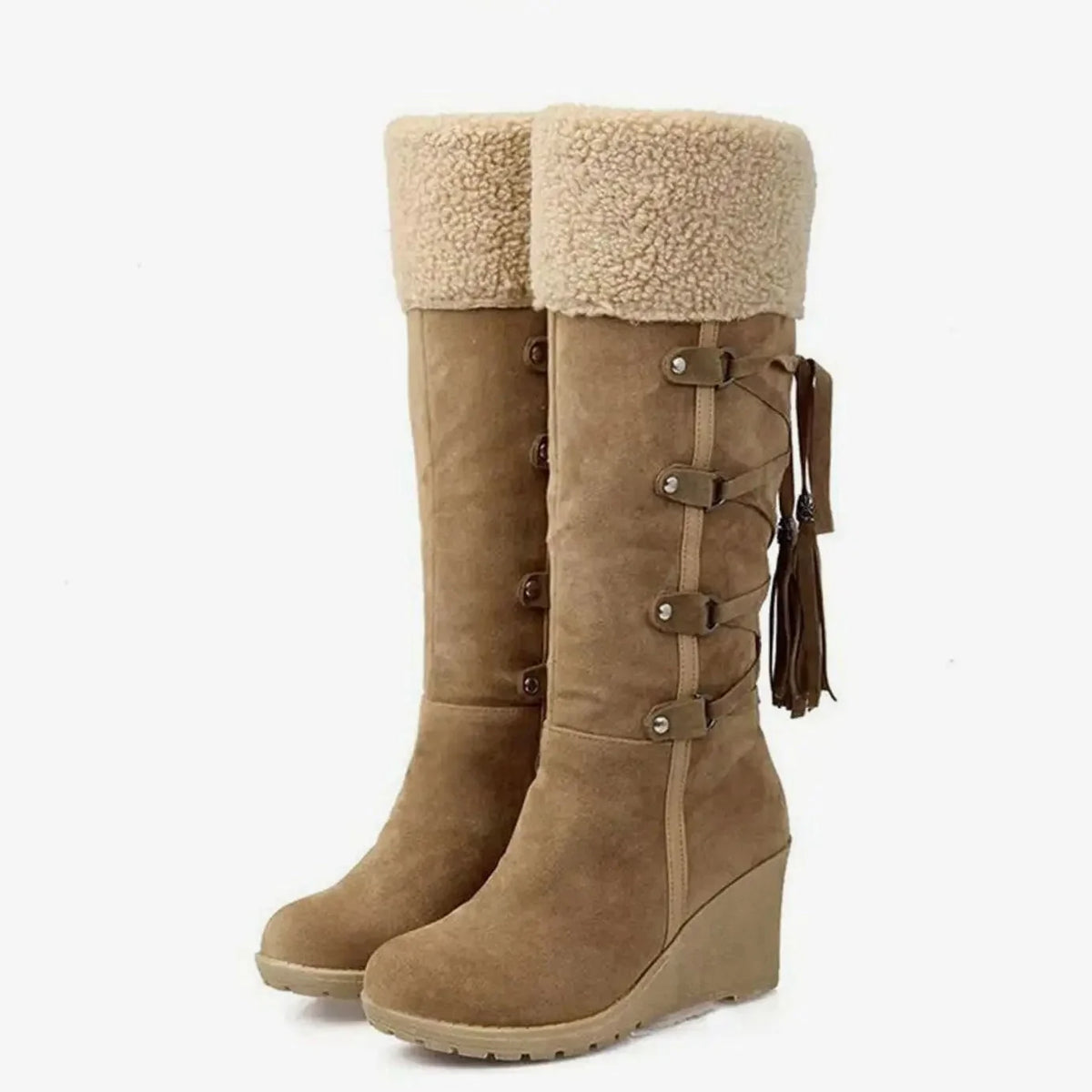 Tassel Wedge Knee-High Boots – Brown