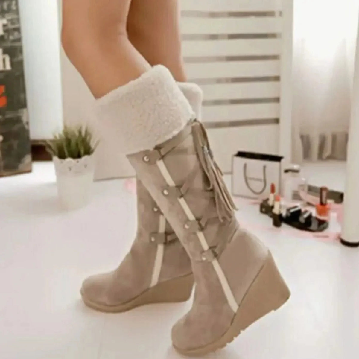 Tassel Wedge Knee-High Boots – Beige