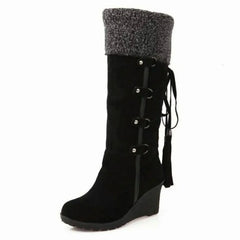 Tassel Wedge Knee-High Boots – Black