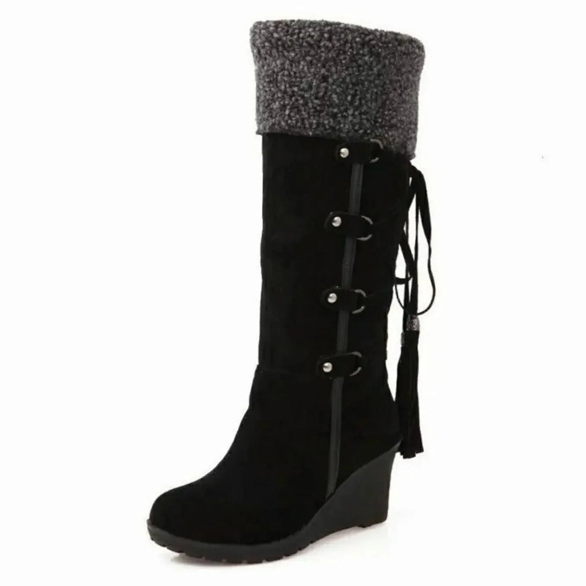 Tassel Wedge Knee-High Boots – Black