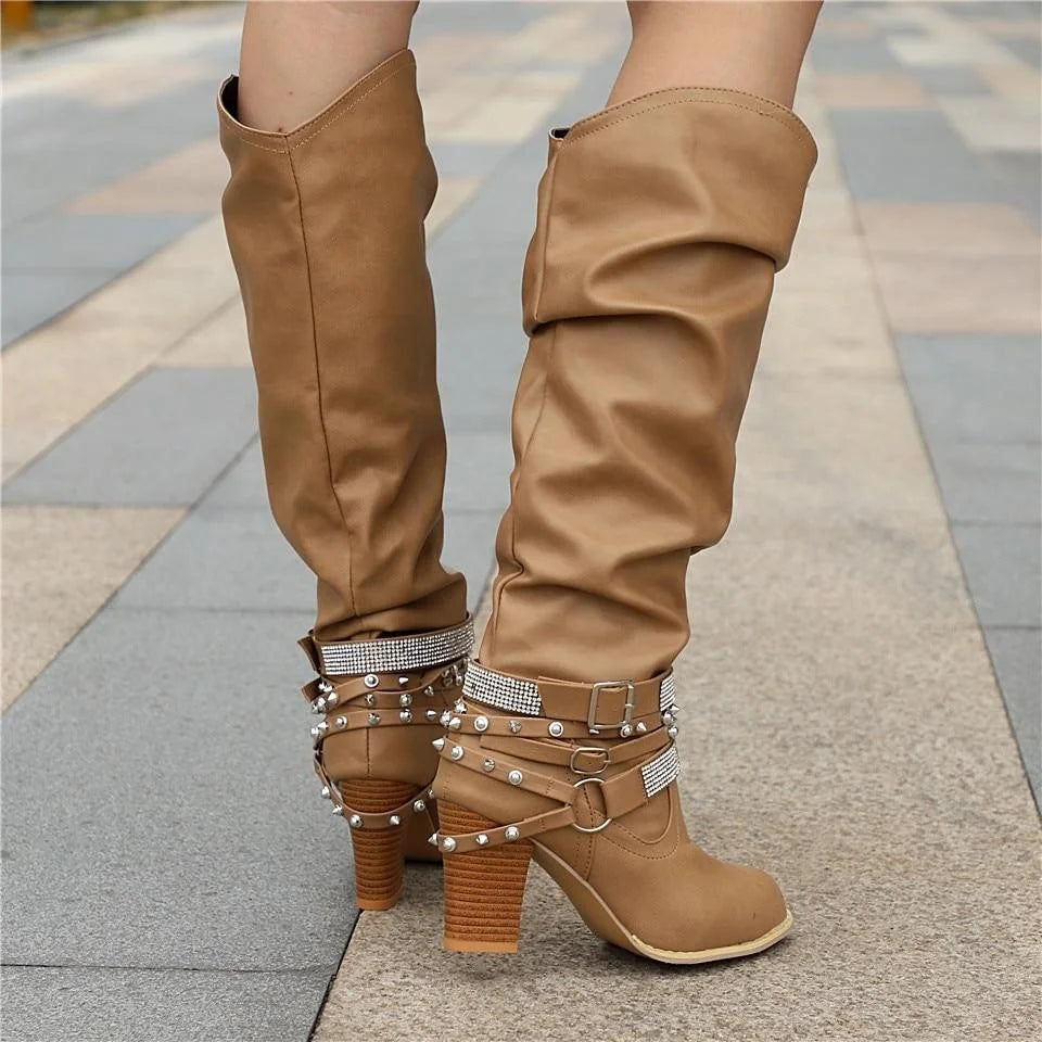 Slouchy Studded Knee-High Boots