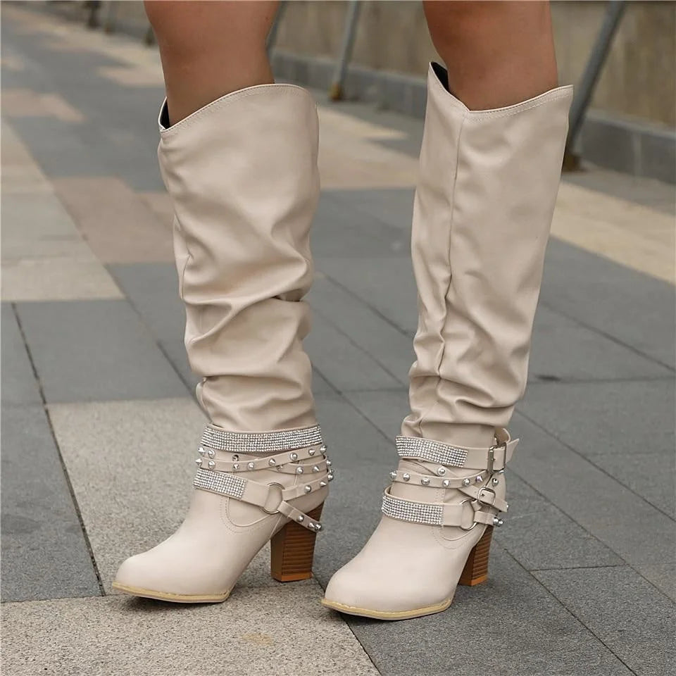 Slouchy Studded Knee-High Boots – Beige