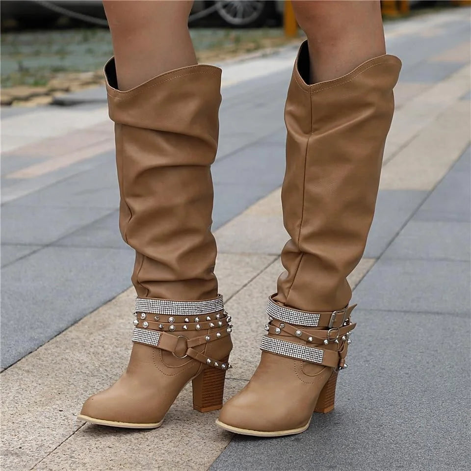 Slouchy Studded Knee-High Boots – Khaki