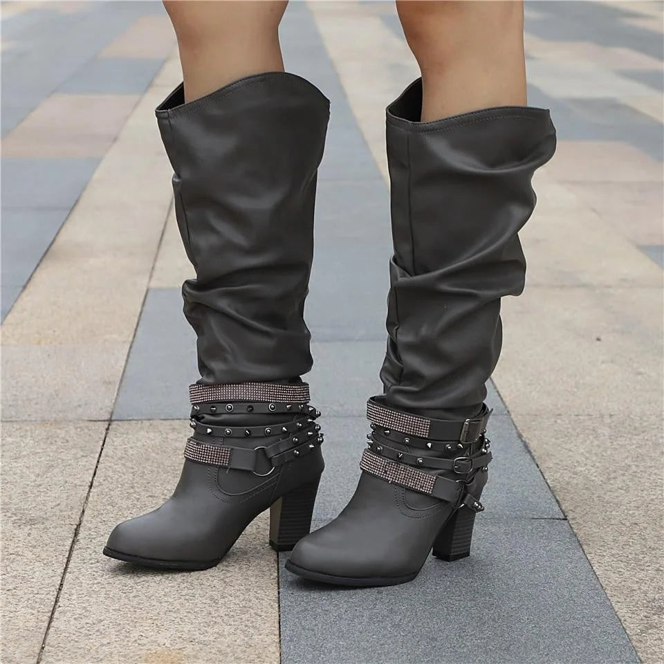 Slouchy Studded Knee-High Boots – Grey