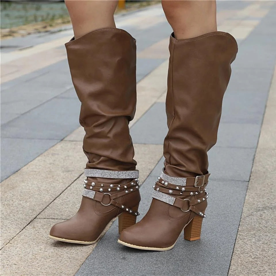 Slouchy Studded Knee-High Boots – Brown