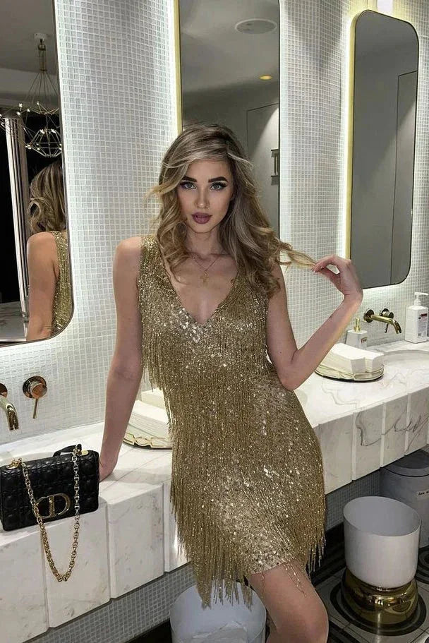 Sequin Party Mini Dress – Gold